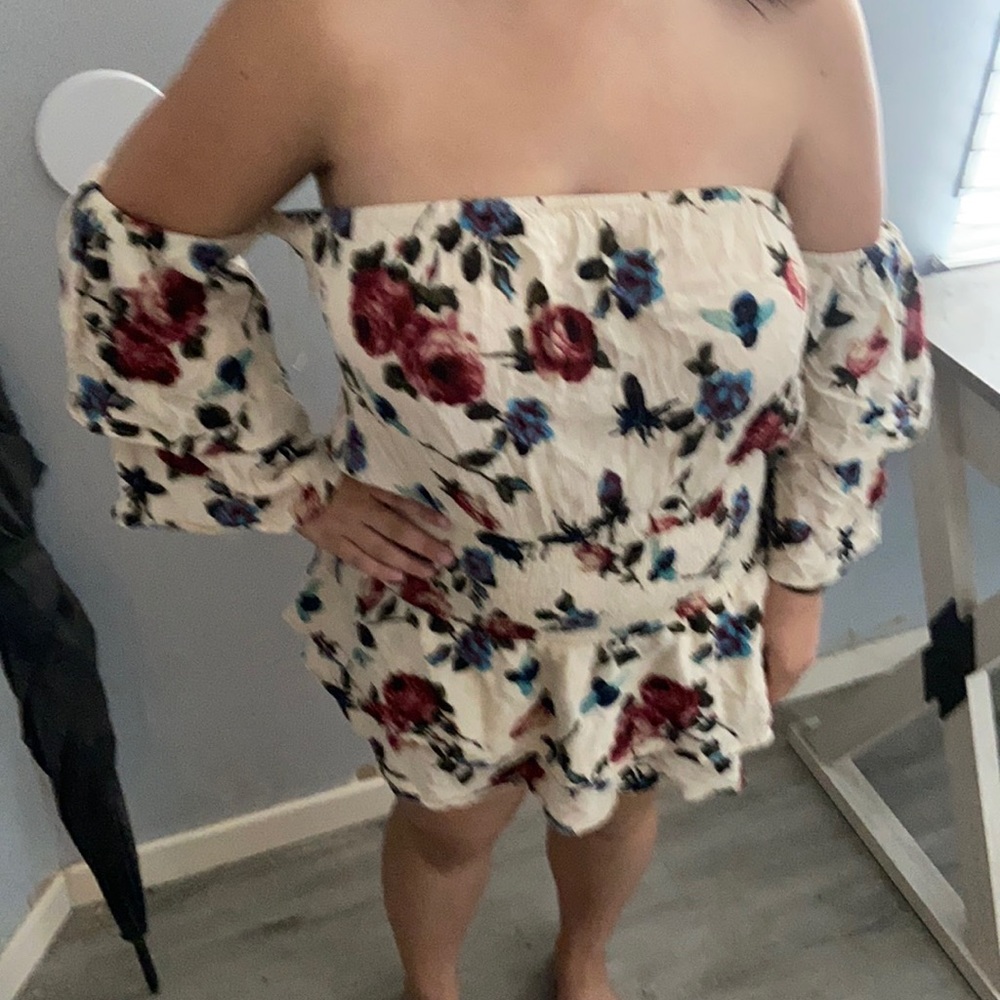Romper shorts floral print off shoulder